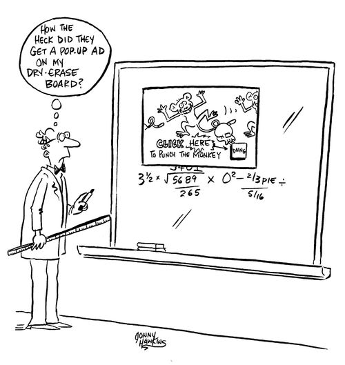 Man sees pop-up ad on chalkboard.