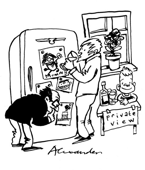 Private view of refrigerator art by child.