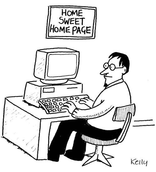 Man sitting at computer. Home sweet homepage framed on wall.'