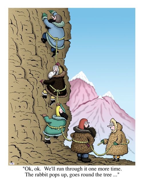 'Ok, ok.  We'll run through it one more time.  The rabbit pops up, goes round the tree ..'