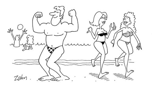 Man posing on beach as women ignore him.