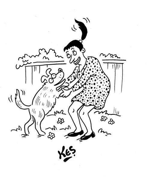 Girl wags her pony tail as dog wags his tail.