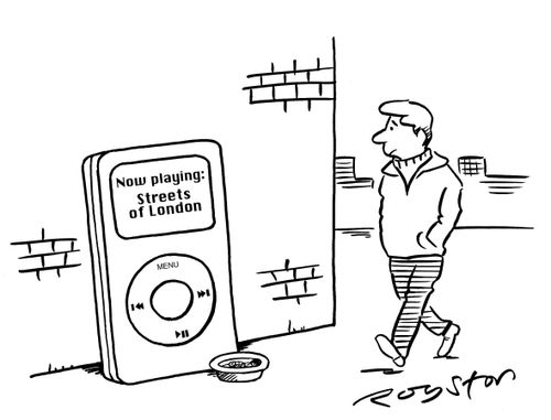 Man walks past 'busking' iPod, complete with hat for change. Screen reads: 'Now playing Streets of London.'