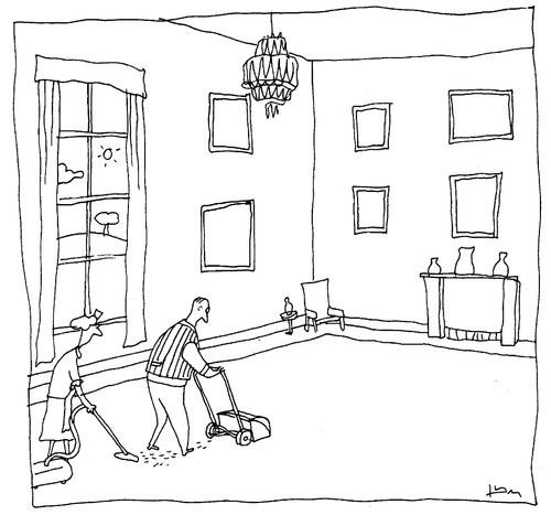 Rich Man with Lawn Mower followed by Maid with Hoover.
