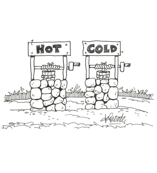 Two water wells with buckets one marked 'Hot' and 'Cold'