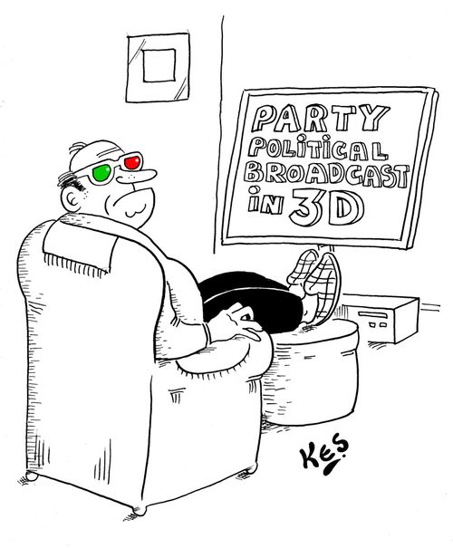 A man wearing 3D glasses watches a party political broadcast in 3D.