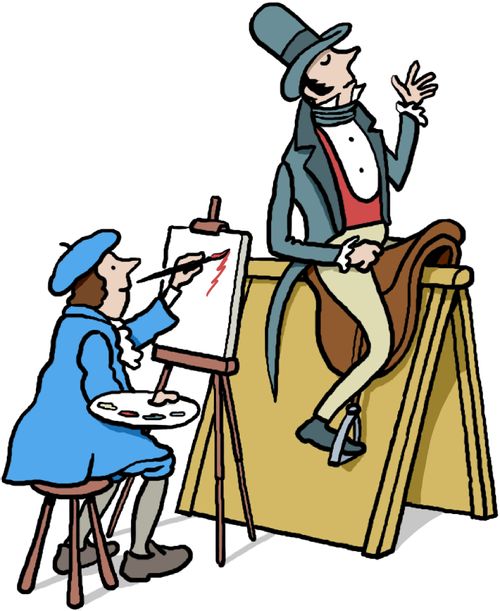 A Beau Brummel type having his portrait painted whilst posing on a saddle.