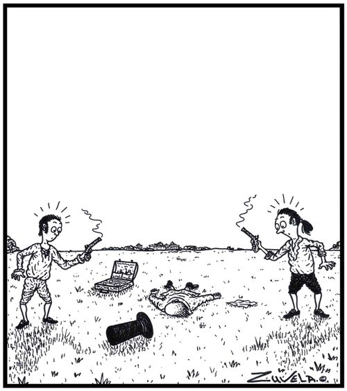 Visual Gag / A Duel has gone wrong, with the Duellists accidentally shooting the 'Second' .