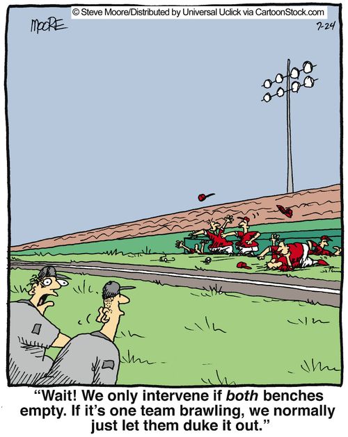 'Wait! We only intervene if both benches empty. If it's one team brawling, we normally just let them duke it out.'