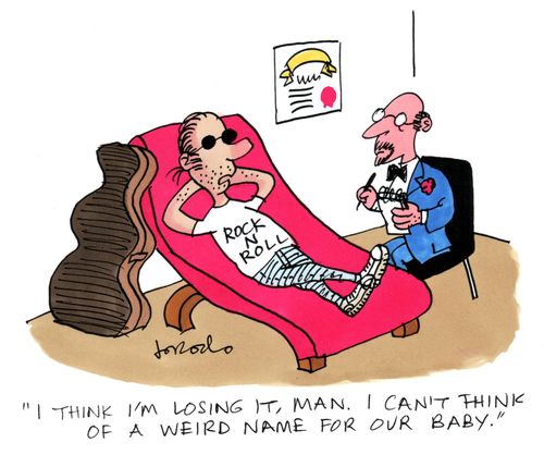 'I think I'm losing it, man. I can't think of a weird name for our baby.'