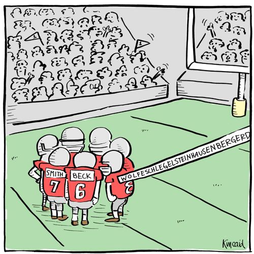 Football players huddle and one has a really long name.