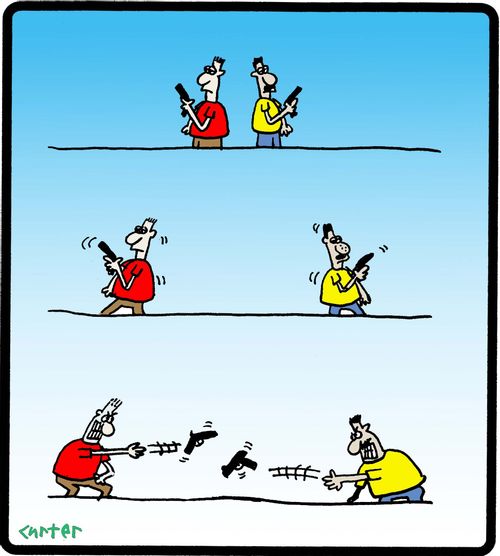 Gun-throwing duel.