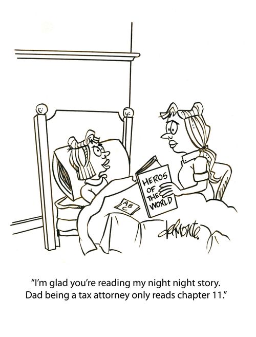 'I'm glad you're reading my night night story. Dad being a tax attorney only reads chapter 11.'