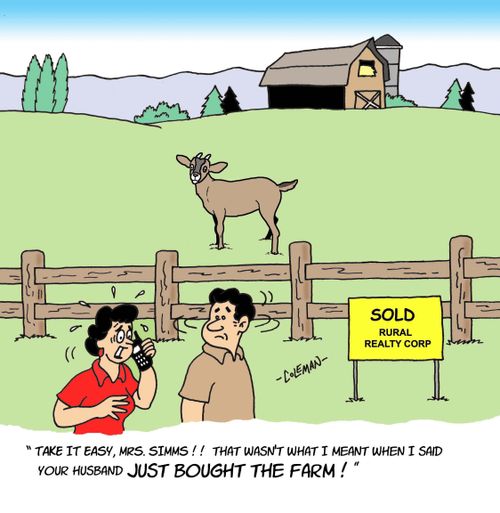 'Take it easy, Mrs. Simms ! That wasn't what I meant when I said your husband just bought the farm.'