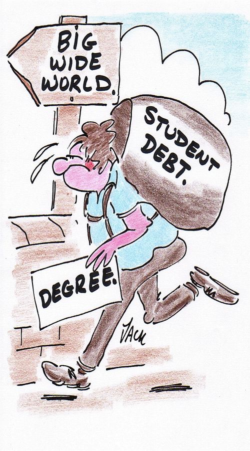 Student sets off into the big wide world in debt.