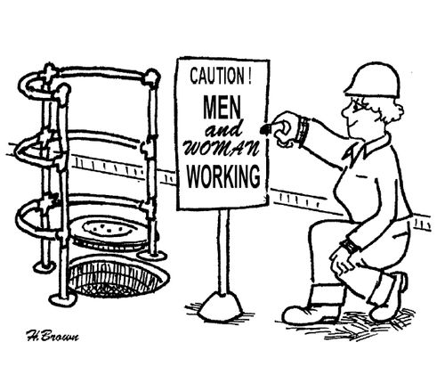 Caution! Men and woman working.