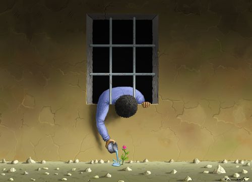 Prisoner waters a free flower.