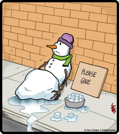 Melting snowman is begging for ice cubes.