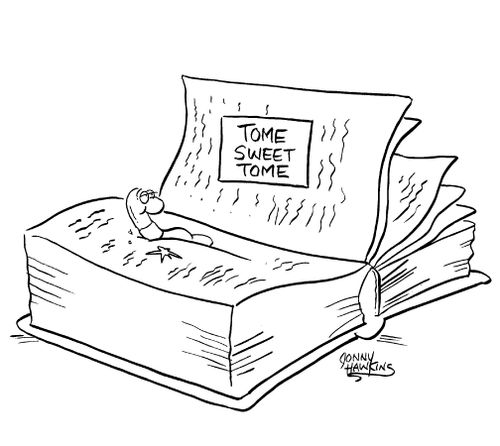 Bookworm in book, sign reads: 'Tome, Sweet Tome.'