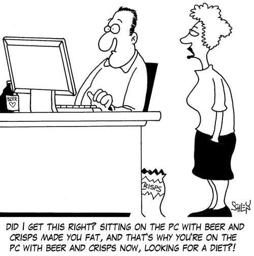 'Did I get this right? Sitting on the PC with beer and crisps made you fat, and that's why you're sitting on the PC with beer and crisps now, looking for a diet?!'
