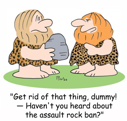 'Get rid of that thing, dummy! -- Haven't you heard about the assault rock ban?'
