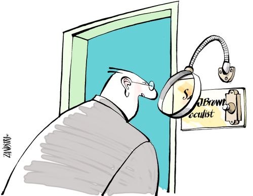 Magnifying glass on Oculist's sign.