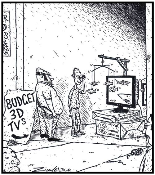 Budget 3D TVs - A Con-artist trying to sell fake 3D TVs with Fish Mobiles suspendedmounted to the TVs creating a false 3D effect.