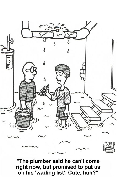 'The plumber said he can't come right now, but promised to put us on his 'wading list'. Cute, huh?'