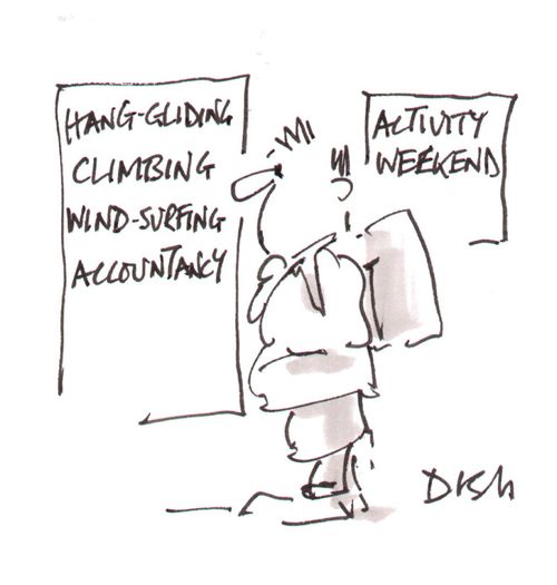 Activity weekend with hang-gliding, climbing, wind-surfing, and accountancy.