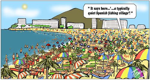 "It says here... '...a typically quiet Spanish fishing village'."