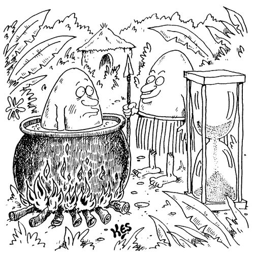 Egg cannibal using an egg timer to time egg in pot