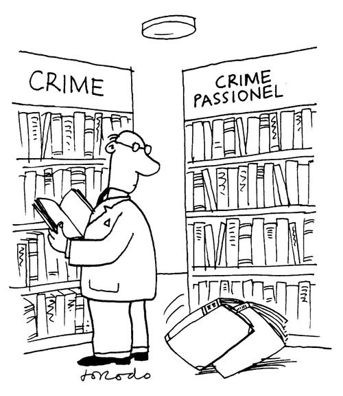 Two books from the crime passionel section in a library having sex