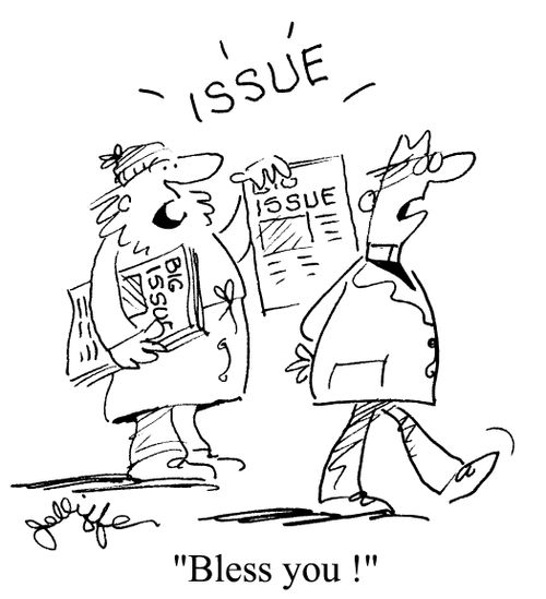 Man saying 'Bless you!' to a Big Issue vendor.
