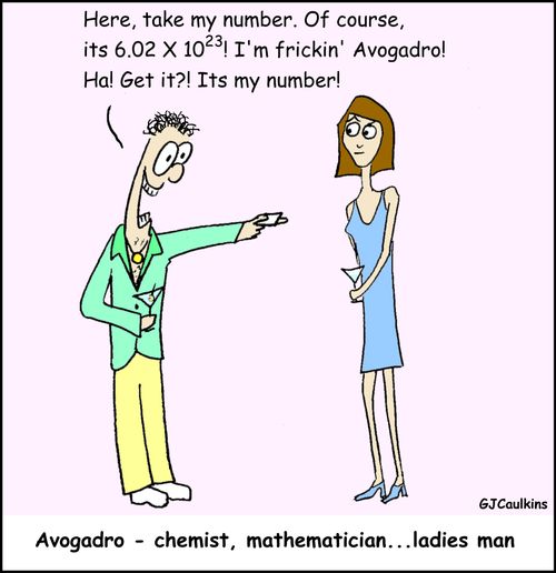 'Here, take my number. Of course it's 6.02 X 10^23. I'm frickin' Avogardo! Ha! Get it? It's my number!'