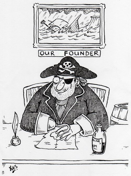 Pirate sits below picture of 'our founder'.