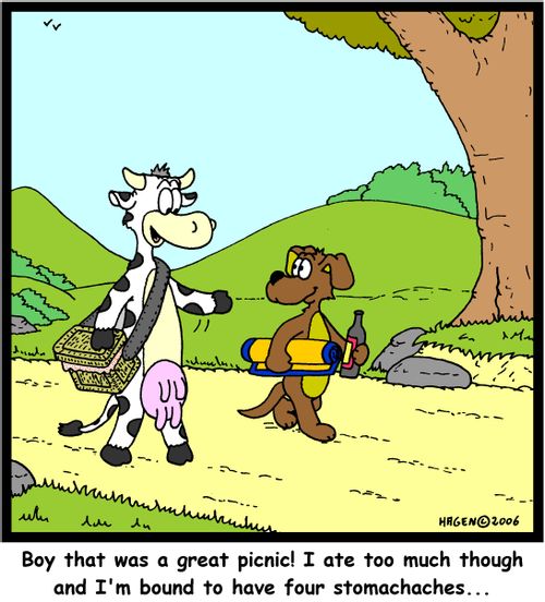 'Boy that was a great picnic! I ate too much though and I'm bound to have four stomachaches...'