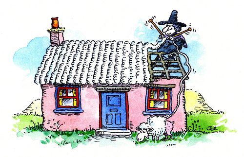 Witch Using Sheep's Wool To Knit Her Roof.
