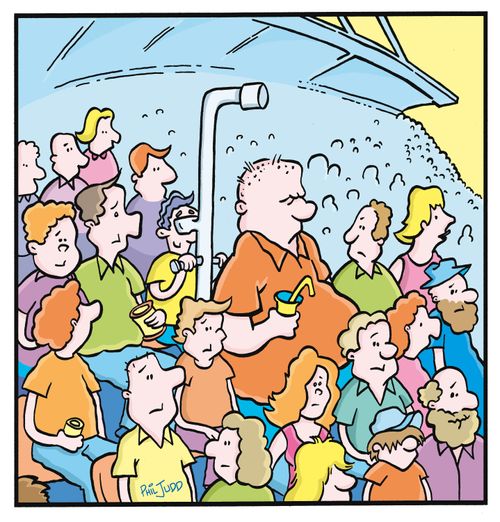 Little guy using telescope to see past a big guy blocking his view in the crowd,