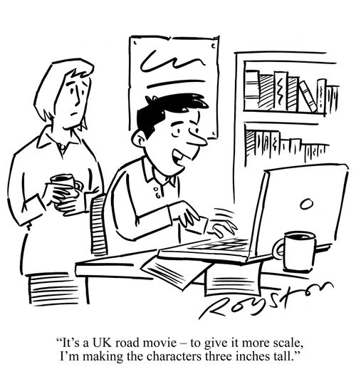 Man writing at laptop says: 'It's a UK road movie ??" to give it more scale, I'm making the characters three inches tall.'