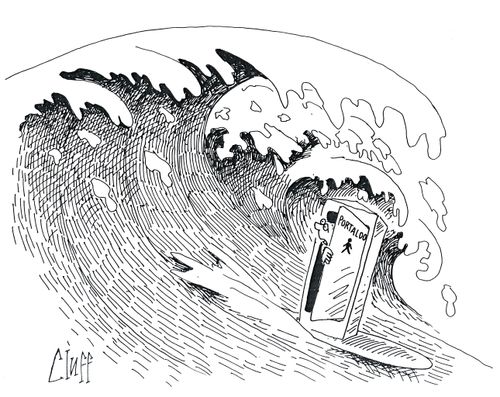 Man stuck in portable toilet in tidal wave.