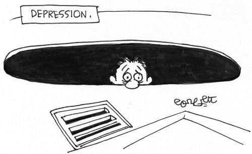 DEPRESSION: Man peering out of manhole.