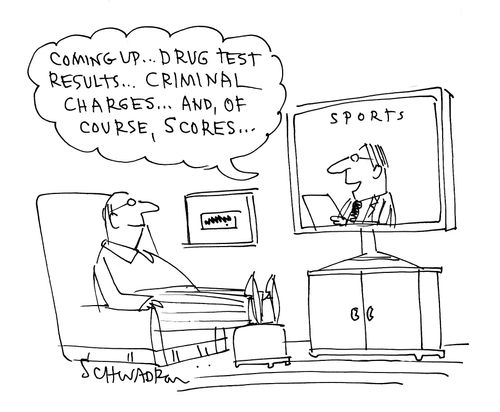 'Coming up. . . drug test results. . . criminal charges. . . and, of course, scores. . .'