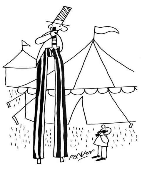 Man on stilts on cell phone.