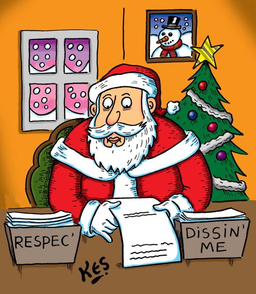 Santa at desk near workboxes: RESPEC'/ DISSIN' ME.