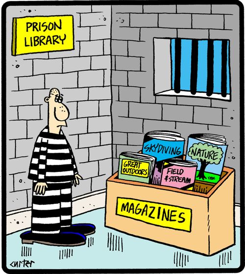 Prison library with outdoor themed magazines.