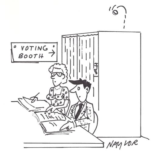 Man in voting booth flips a coin.