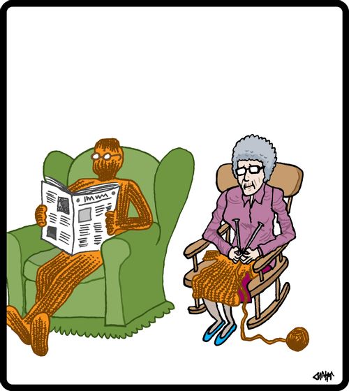 Old husband is knitted over by old wife.