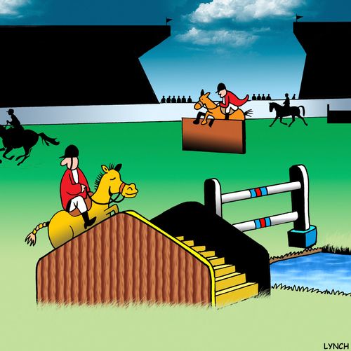Equestrian cheats by using a staircase instead of jumping over the jump.