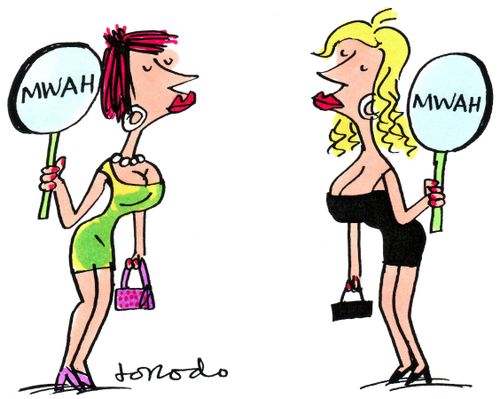 Two women blowing air kisses.