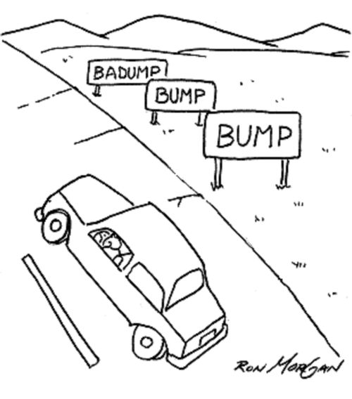 Motorist sees three road signs: Bump, bump, badump.